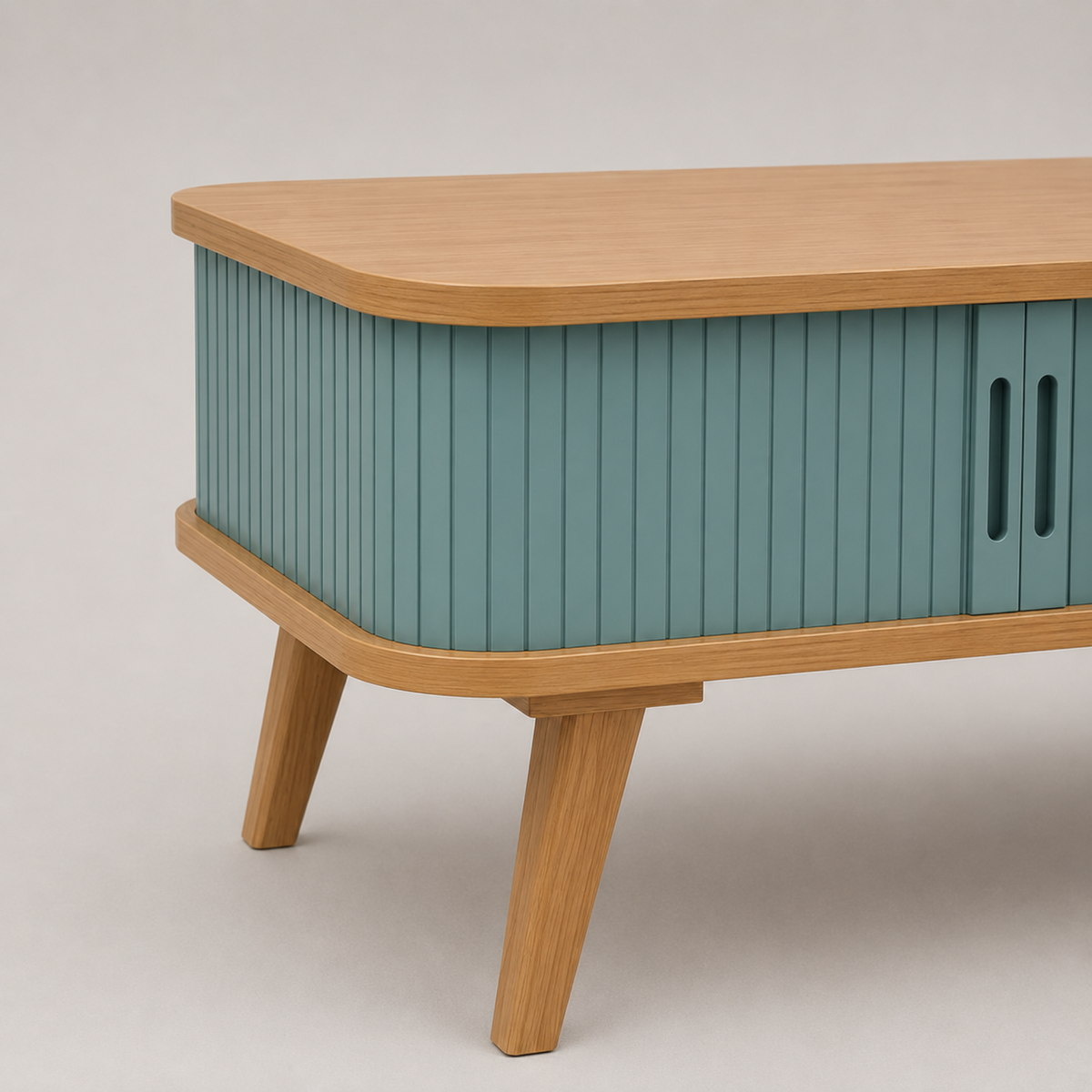 Solvane | Table basse rectangulaire en bambou et façades coulissantes bleu canard