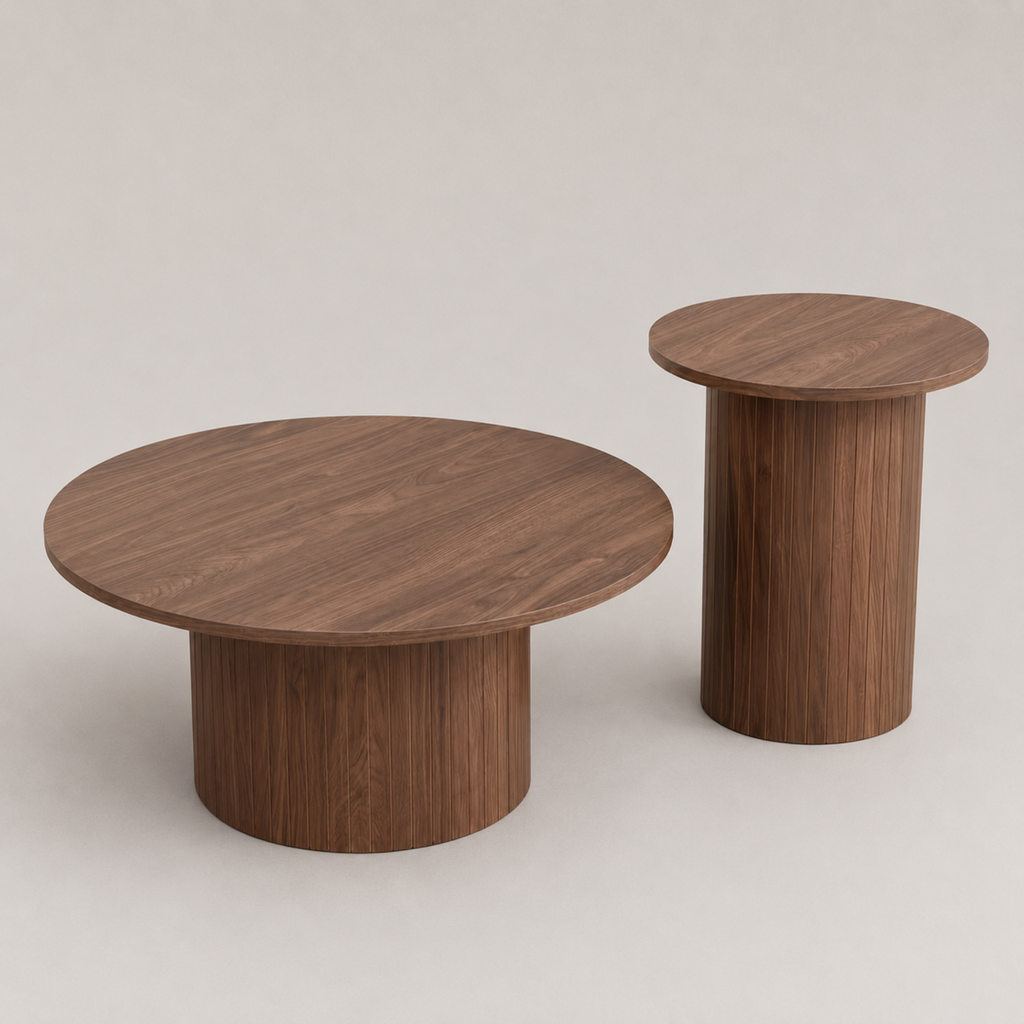 Elara | Duo de tables basses gigognes rondes en bois cannelé façon noyer