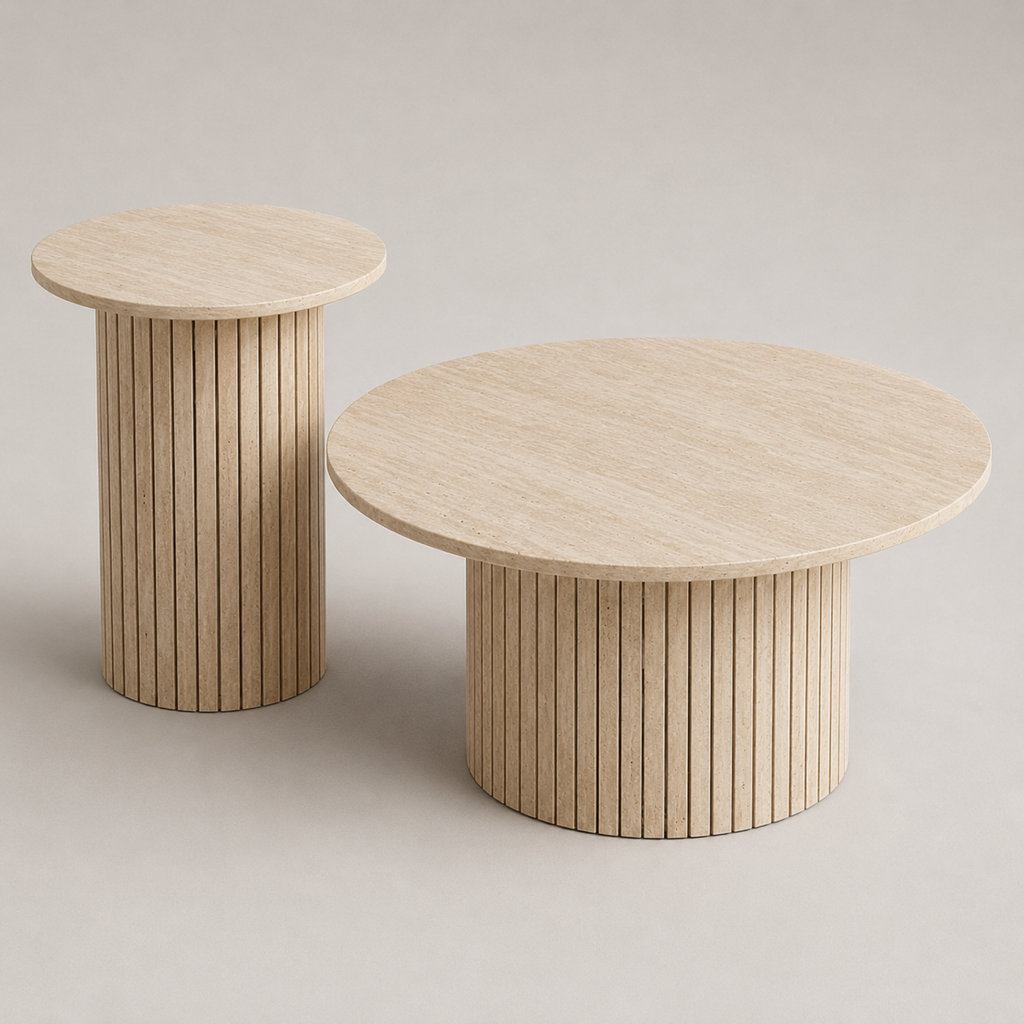 Elara | Duo de tables basses gigognes rondes en bois cannelé façon noyer