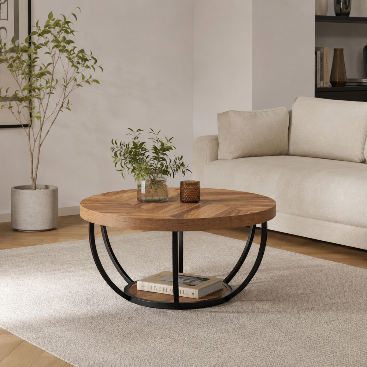 Maylis | Table basse ronde en bois marqueté et métal noir