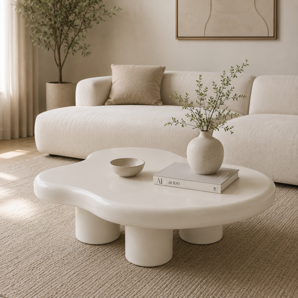 Ninon | Table basse organique en bois laqué blanc laiteux