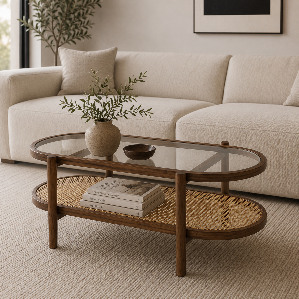 Orlane | Table basse ovale en bois d'acacia, verre trempé et rotin