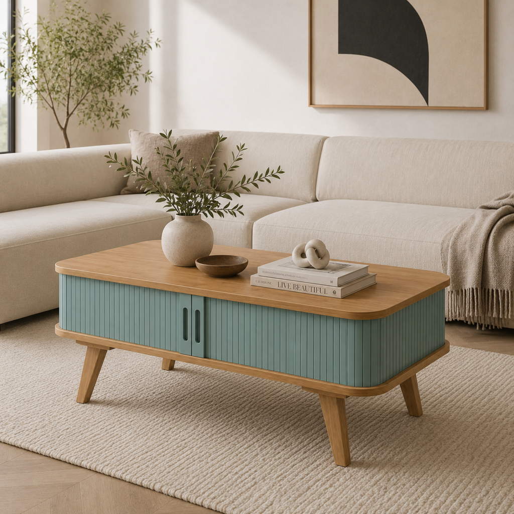 Solvane | Table basse rectangulaire en bambou et façades coulissantes bleu canard
