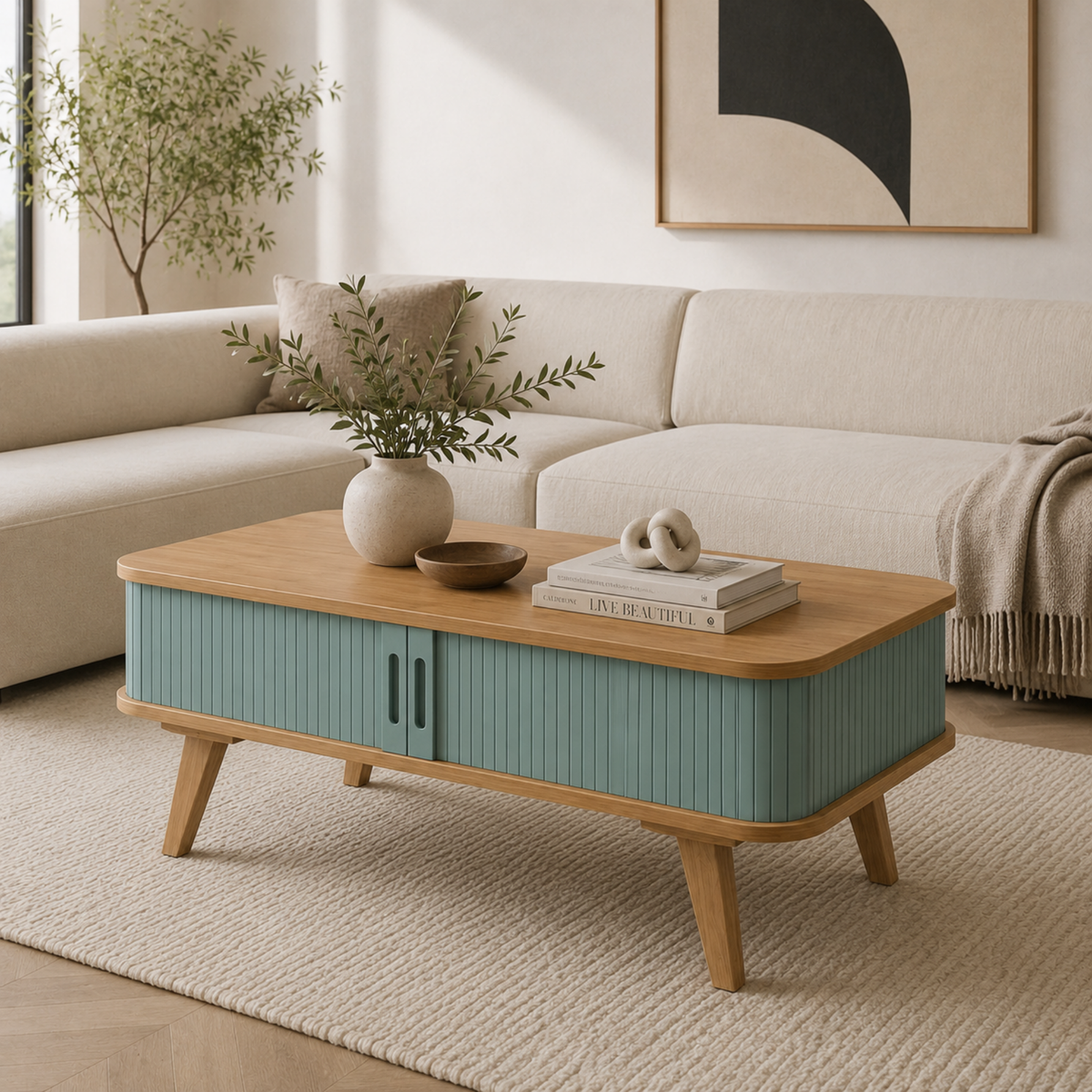 Solvane | Table basse rectangulaire en bambou et façades coulissantes bleu canard