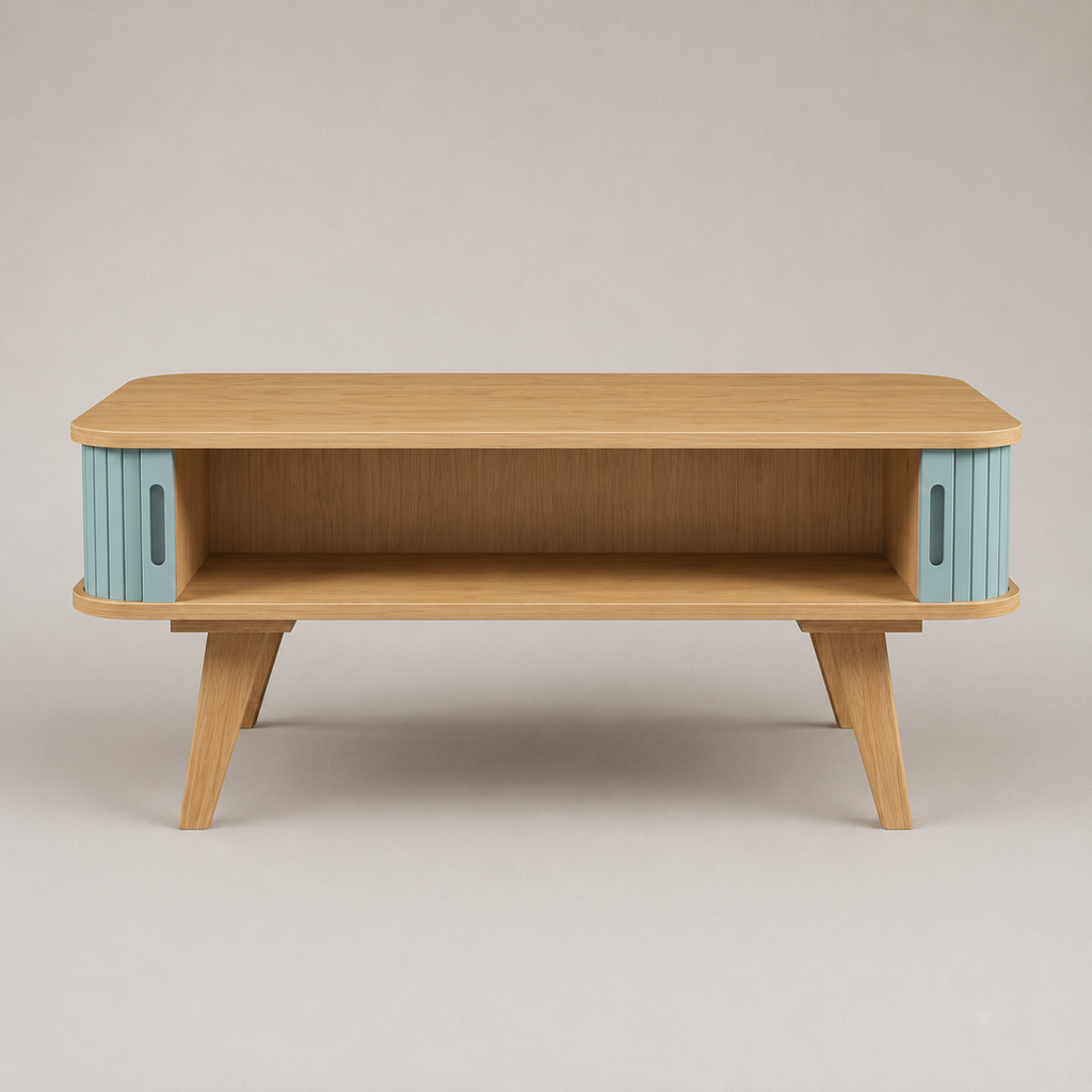 Solvane | Table basse rectangulaire en bambou et façades coulissantes bleu canard