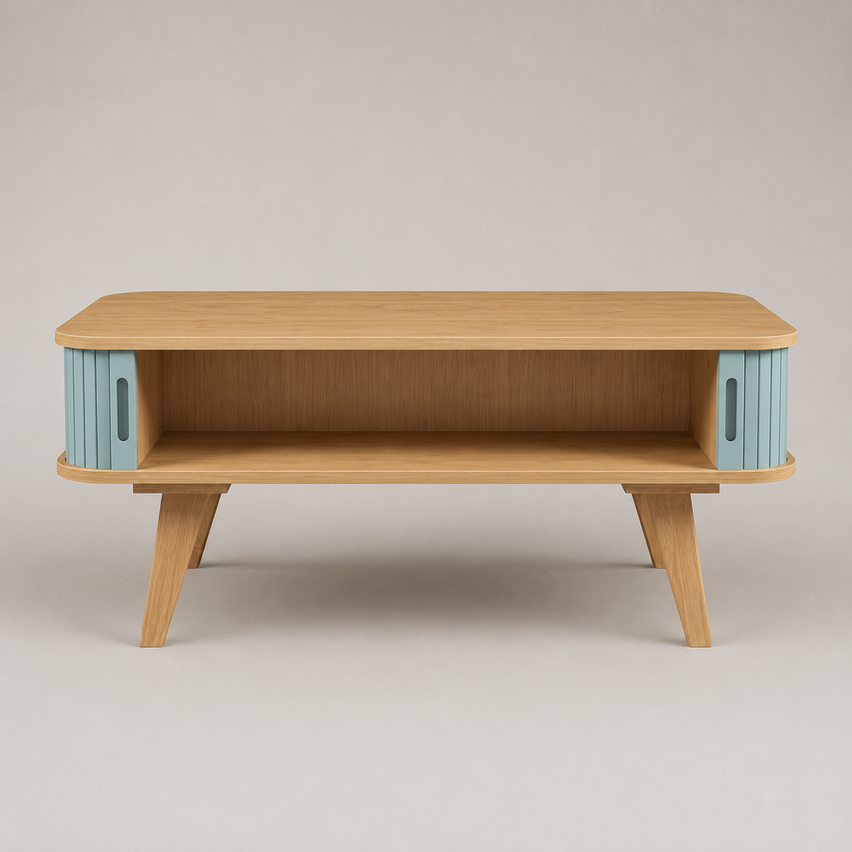 Solvane | Table basse rectangulaire en bambou et façades coulissantes bleu canard